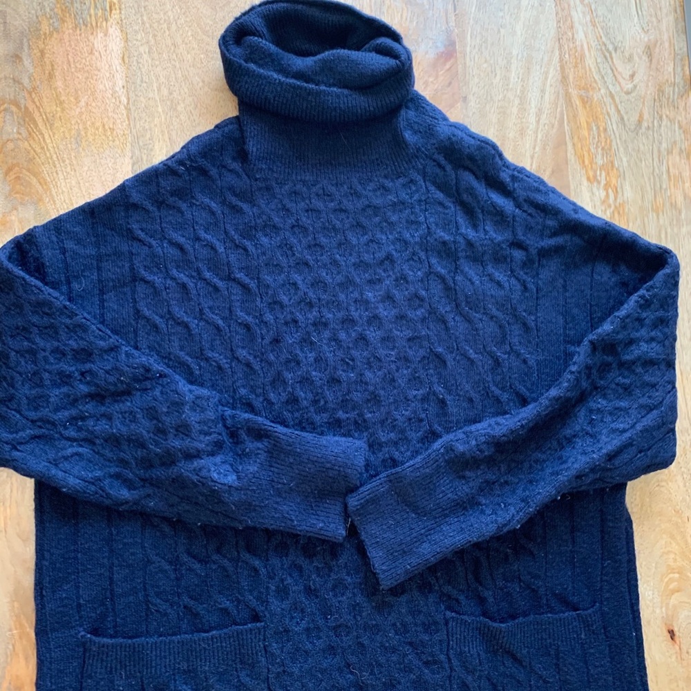 Navy blue knit turtleneck sweater dress